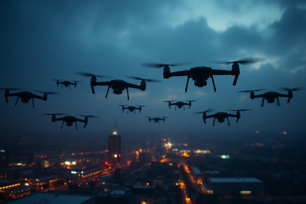 Drone swarm approaching urban infrastructure